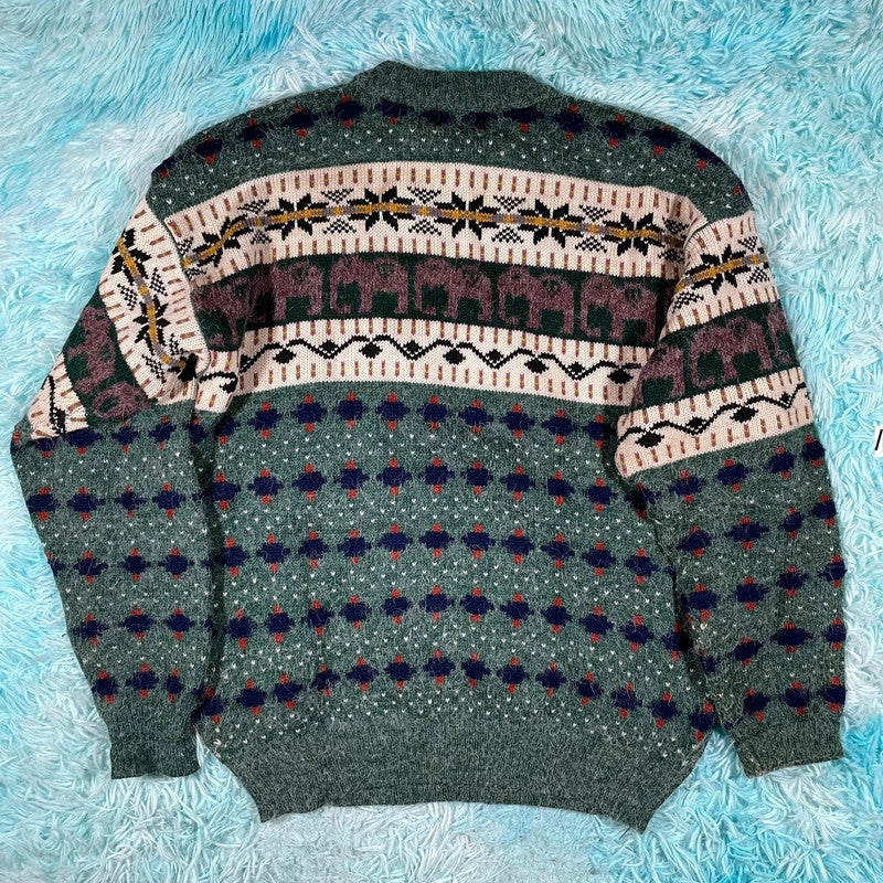 Vintage 90s Green Grunge Patterned Knitted Jumper Wool - Large