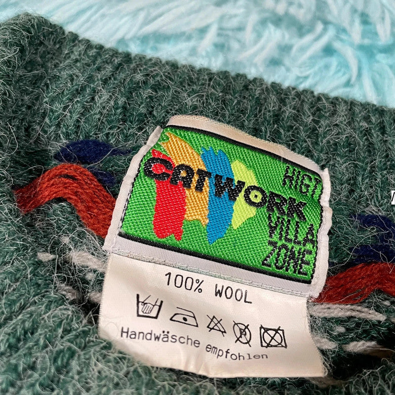 Vintage 90s Green Grunge Patterned Knitted Jumper Wool - Large