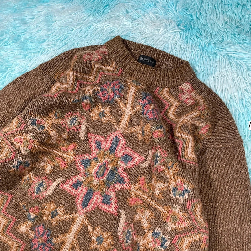 Vintage 90s Brown Patterned Knitted Jumper - Medium