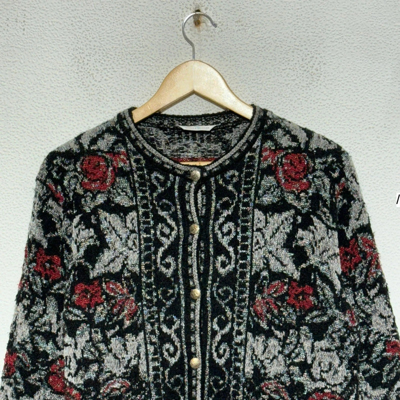 Vintage 80s Black Floral Patterned Knitted Cardigan