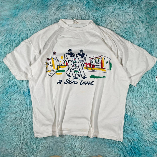 Vintage 90s White Sailor Graphic Print T Shirt - Large