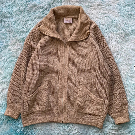 Vintage 90s Beige Wool Knitted Jumper Full Zip France - Large