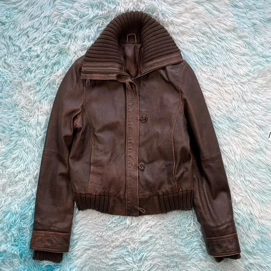 Vintage 00s Y2K Brown Leather Jacket Fitted - Size 12