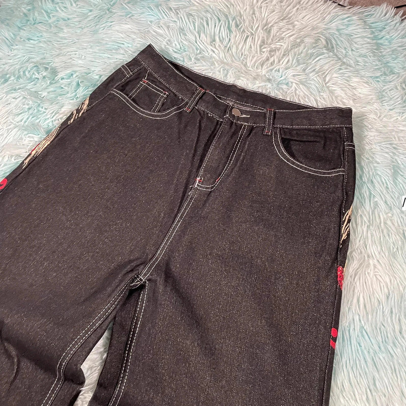 Black Baggy Embroidered Jeans - Medium