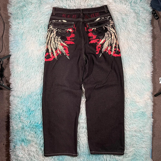 Black Baggy Embroidered Jeans - Medium