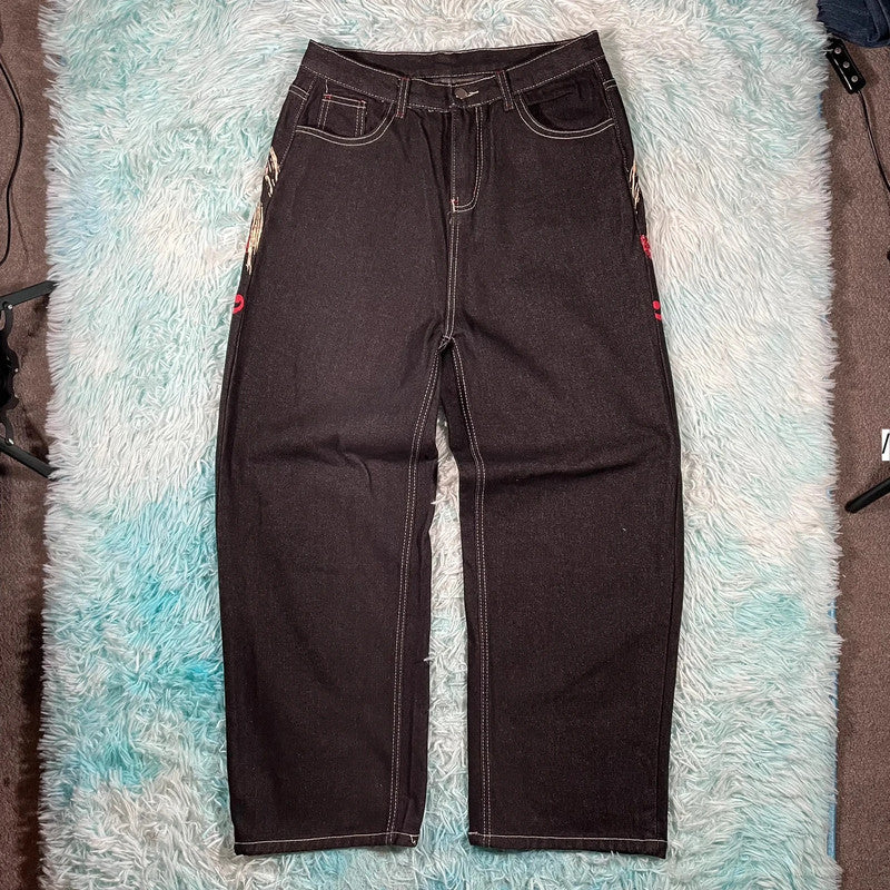 Black Baggy Embroidered Jeans - Medium