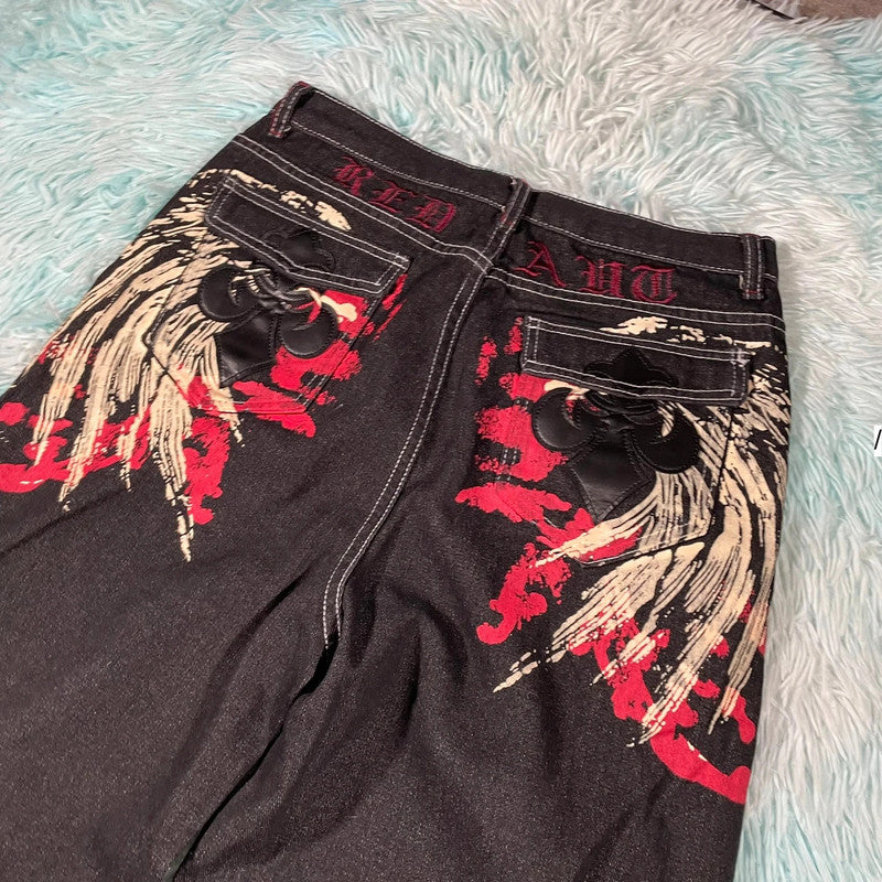 Black Baggy Embroidered Jeans - Medium