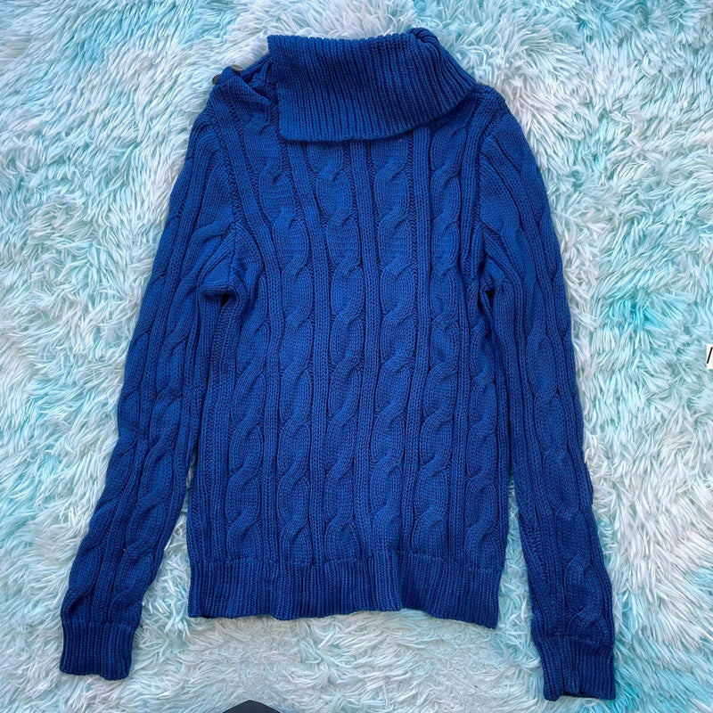 Blue Ralph Lauren Cable Knitted Jumper Collared - Large