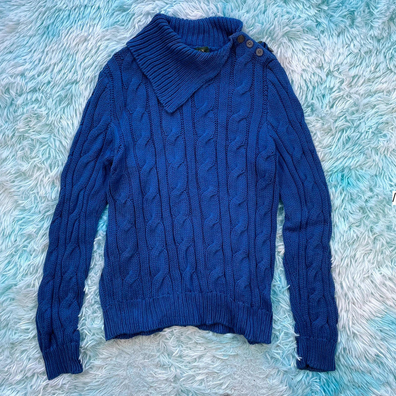 Blue Ralph Lauren Cable Knitted Jumper Collared - Large