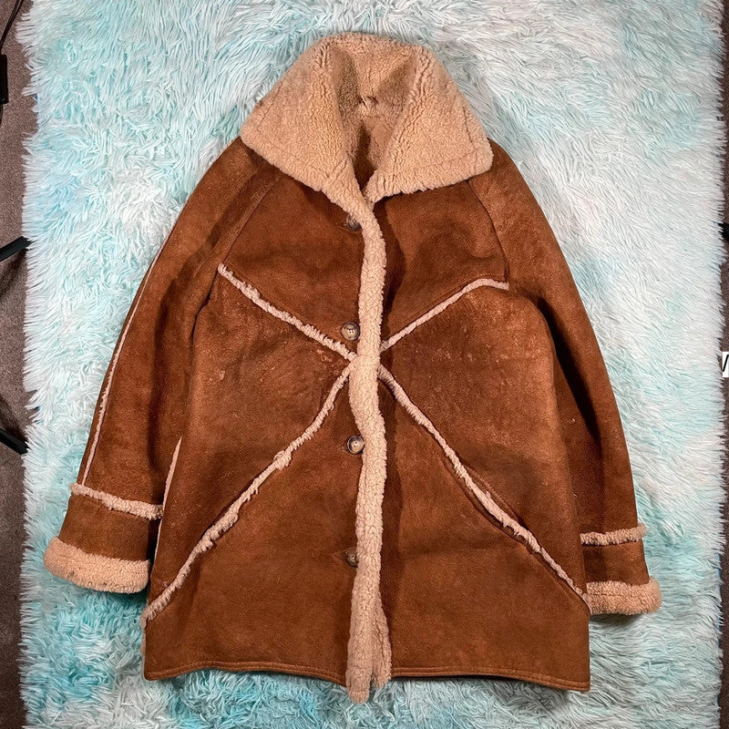 Vintage 90s Brown Sheepskin Leather Jacket Delboy - Size 16