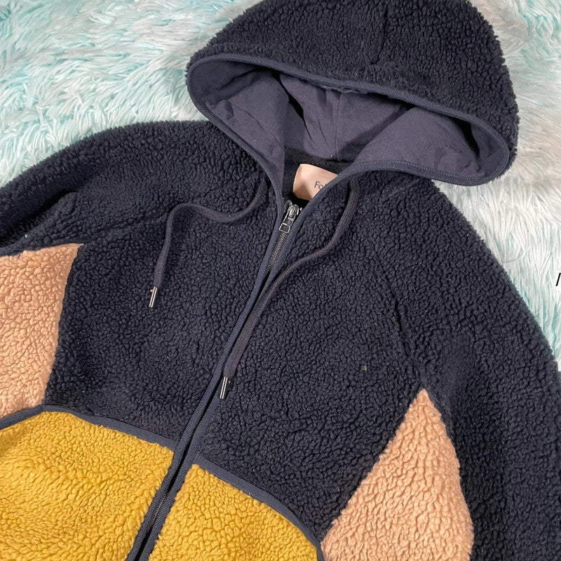 Navy & Cream Folk Fleece Hoodie - XS
