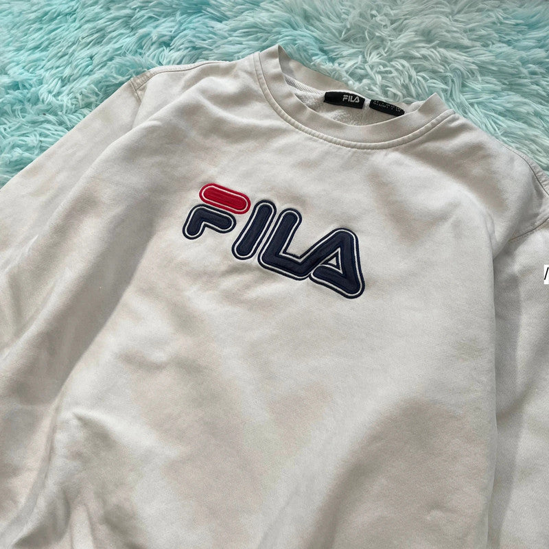 Vintage 90s White Fila Sweatshirt Embroidered Spellout - Large