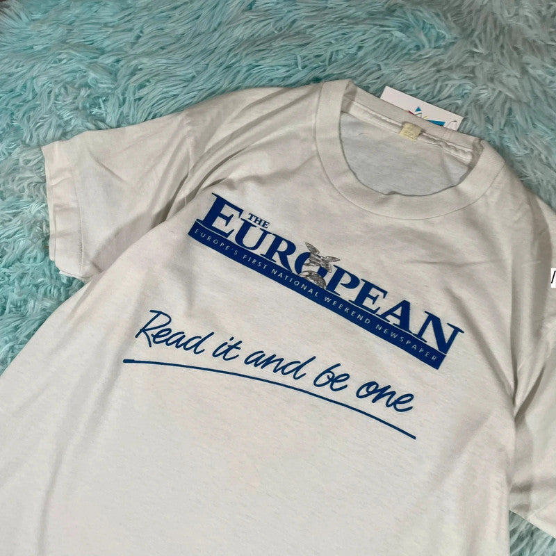 Vintage 80s White The European Graphic T Shirt - Large