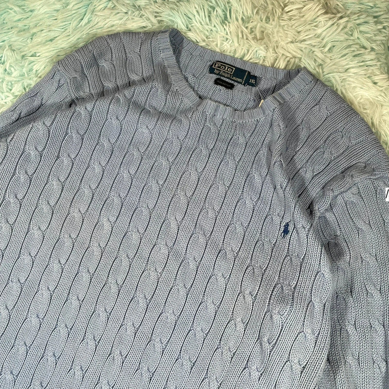 Vintage Baby Blue Polo Ralph Lauren Cable Knit Jumper - XXL