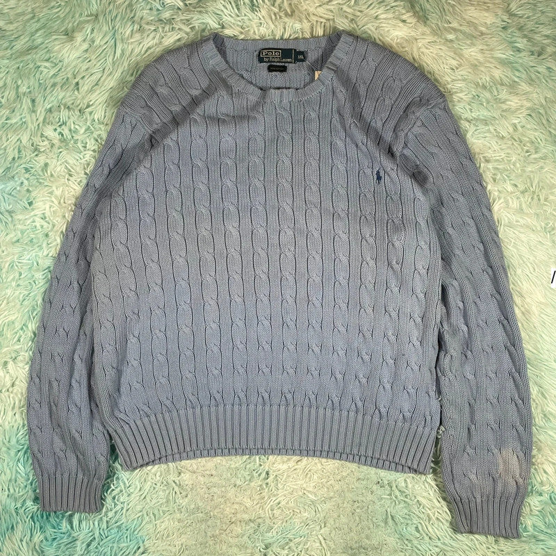 Vintage Baby Blue Polo Ralph Lauren Cable Knit Jumper - XXL