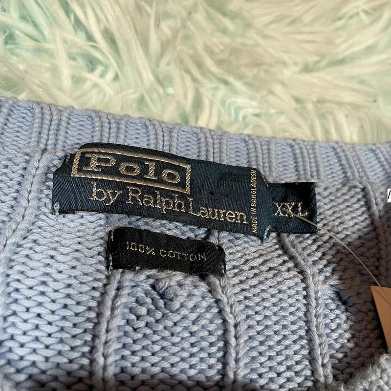 Vintage Baby Blue Polo Ralph Lauren Cable Knit Jumper - XXL