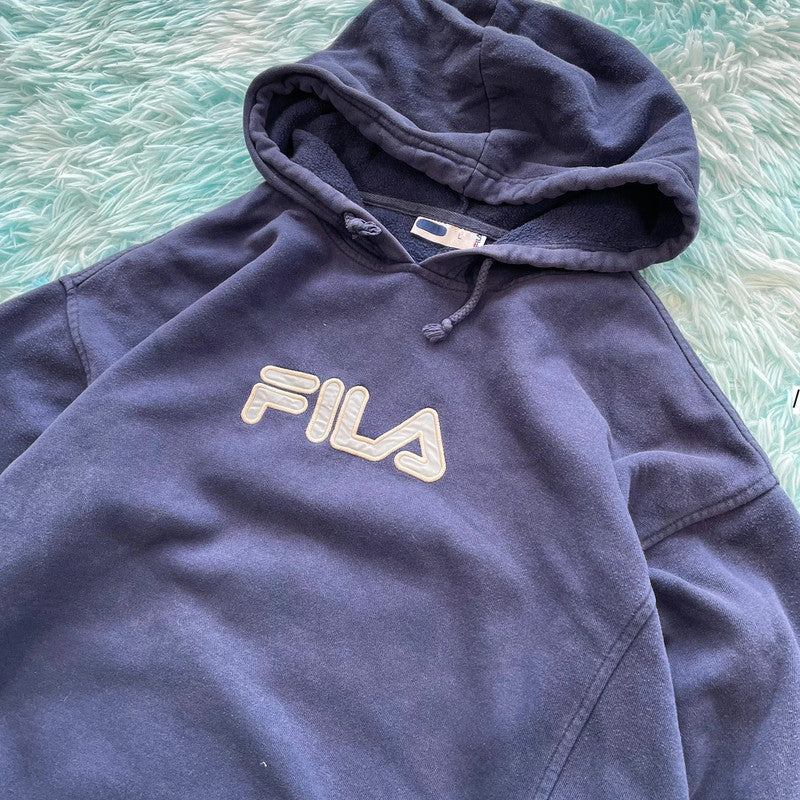 Vintage 00s Navy Fila Hoodie Spellout - Large