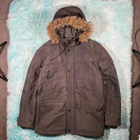 Grey Quiksilver Coat Jacket Fur Hood - medium