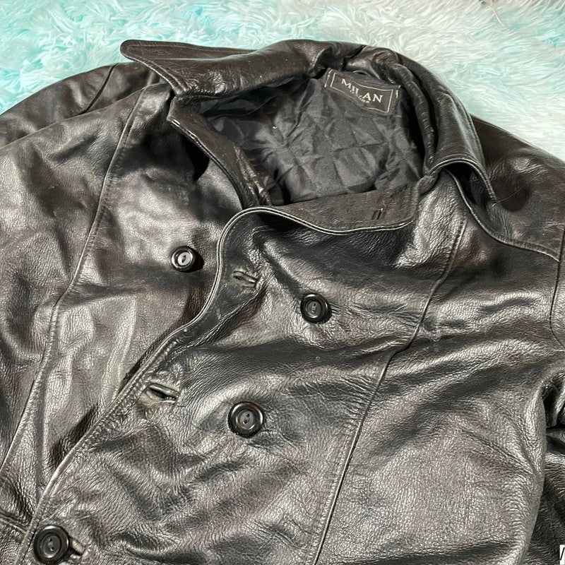 Vintage Black Milan Leather Jacket Button Up - Large