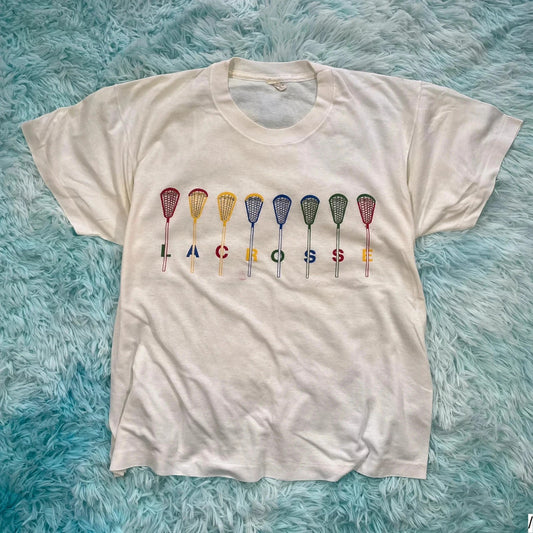 Vintage 80s White lacrosse Print T Shirt - Large