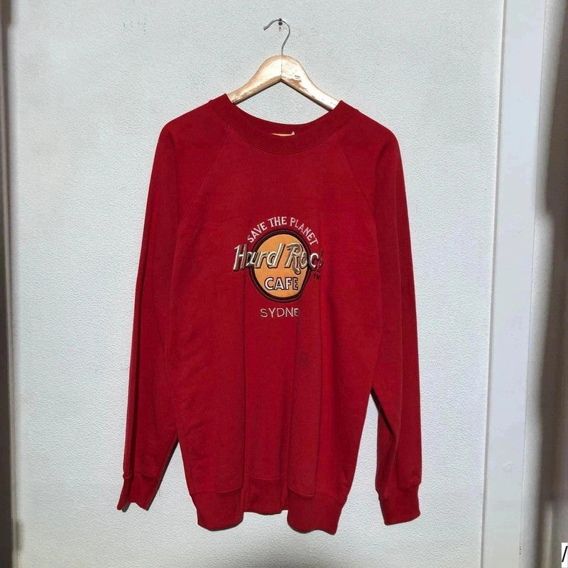 Vintage 90s Red Hard Rock Cafe Sweatshirt Embroidered Spellout - XL