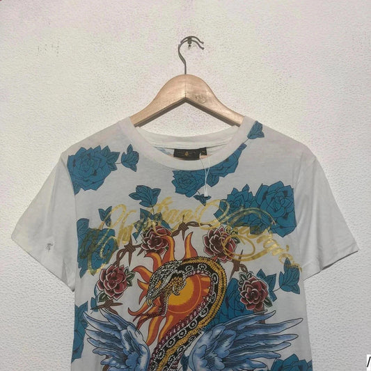 Vintage 00s White & Blue Christian Audiger T Shirt Bedazzled Snake Print - Medium