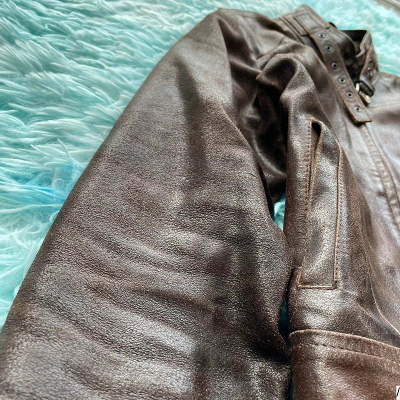 Vintage Y2K Brown Leather Jacket - Medium