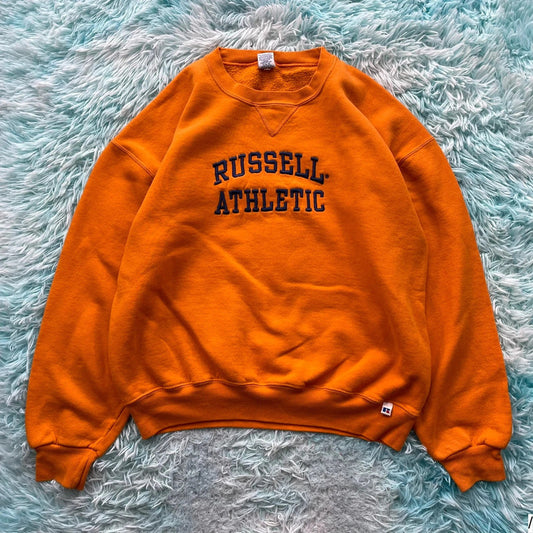 Vintage 90s Orange Russell Athletic Sweatshirt Spellout - XL