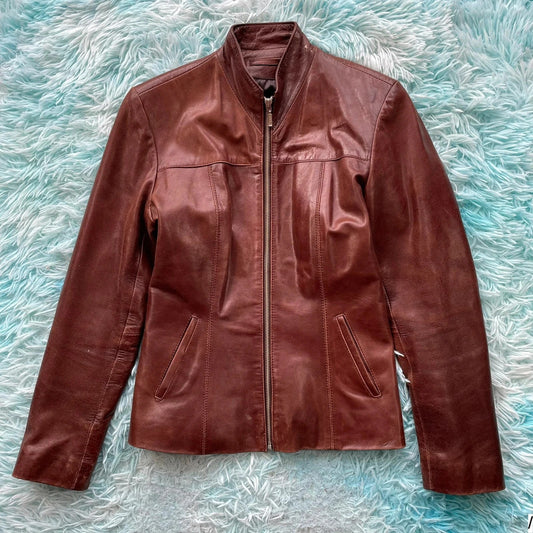 Vintage 00s Brown Leather jacket Fitted - Small