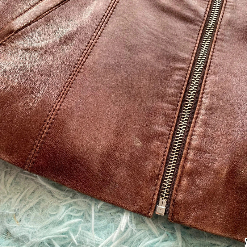 Vintage 00s Brown Leather jacket Fitted - Small