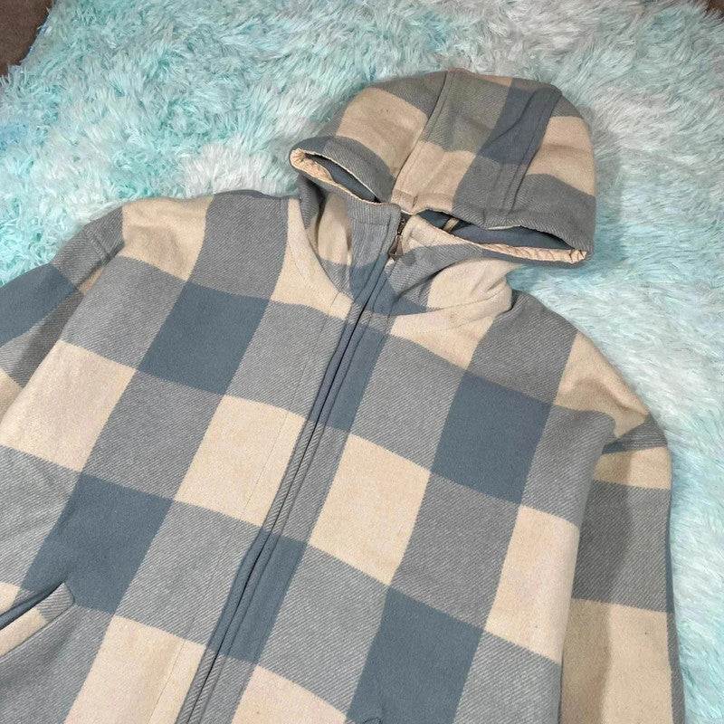 Vintage 90s Blue & White Benetton Coat Wool Checked - XL