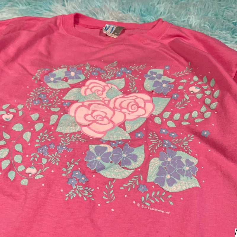 Vintage 80s Pink Floral Graphic T Shirt - Medium