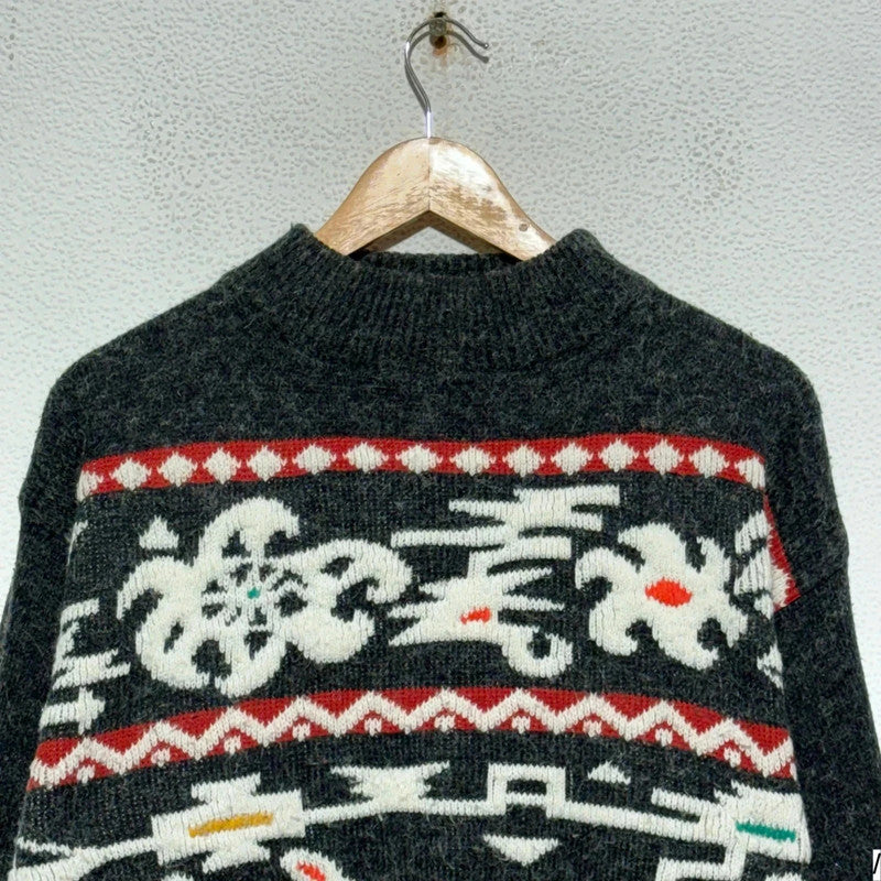 Vintage 90s Grey Patterned Knitted Jumper - Medium