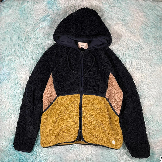 Navy & Yellow Folk Sherpa Fleece Hoodie - XS