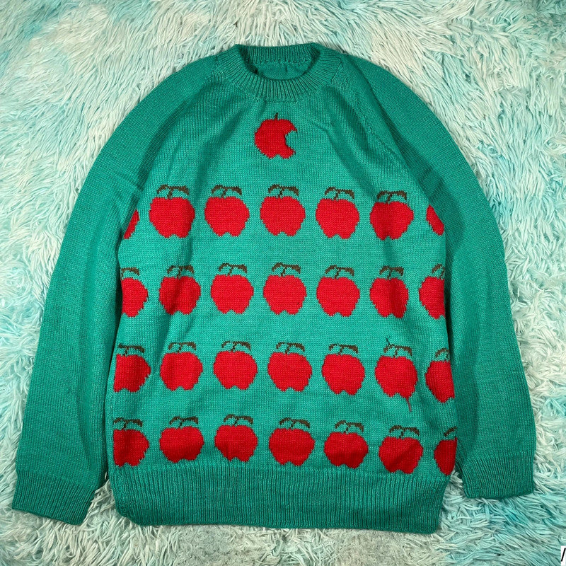 Vintage 80s Green Apple Patterned Knitted Jumper - Medium