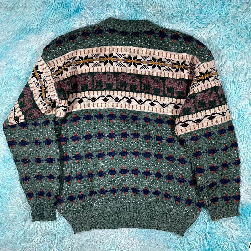 Vintage 90s Green Grunge Patterned Knitted Jumper Wool - Large