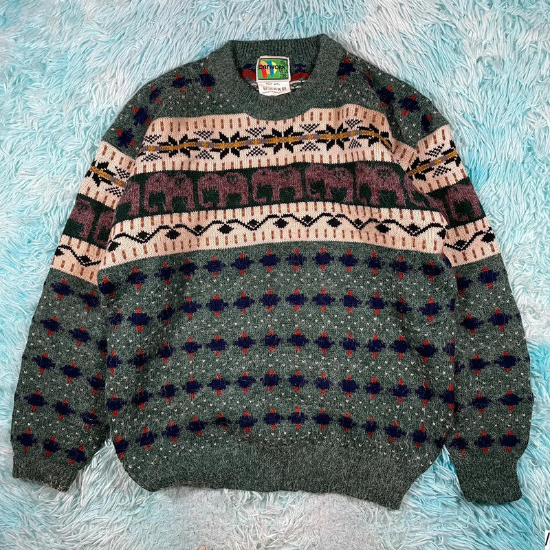 Vintage 90s Green Grunge Patterned Knitted Jumper Wool - Large