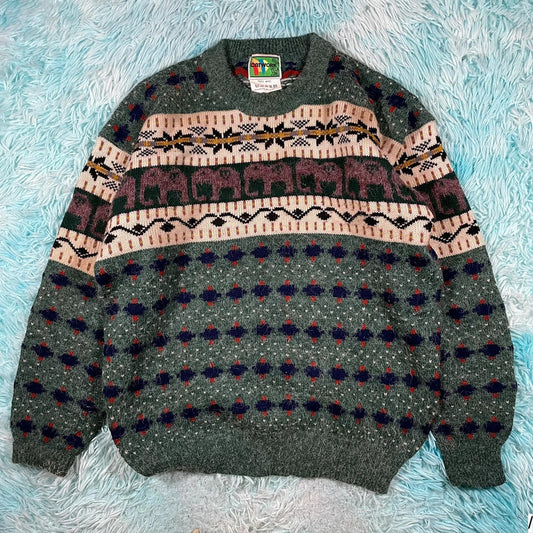 Vintage 90s Green Grunge Patterned Knitted Jumper Wool - Large