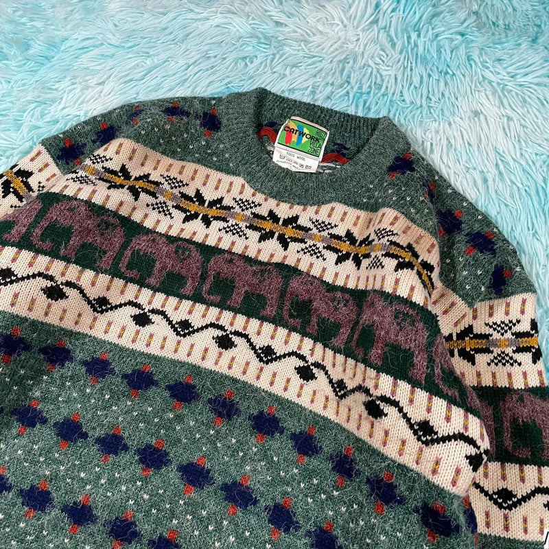 Vintage 90s Green Grunge Patterned Knitted Jumper Wool - Large