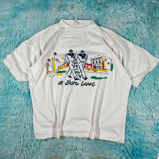 Vintage 90s White Sailor Graphic Print T Shirt - Large