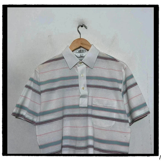 Vintage 80s White & Blue Striped Christian Dior Polo Shirt - Medium