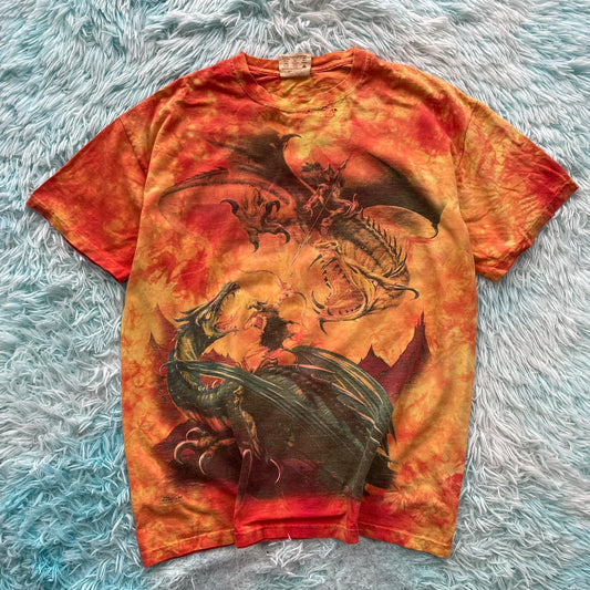 Vintage Orange & Yellow Tie Dye Dragon Graphic T Shirt - Large