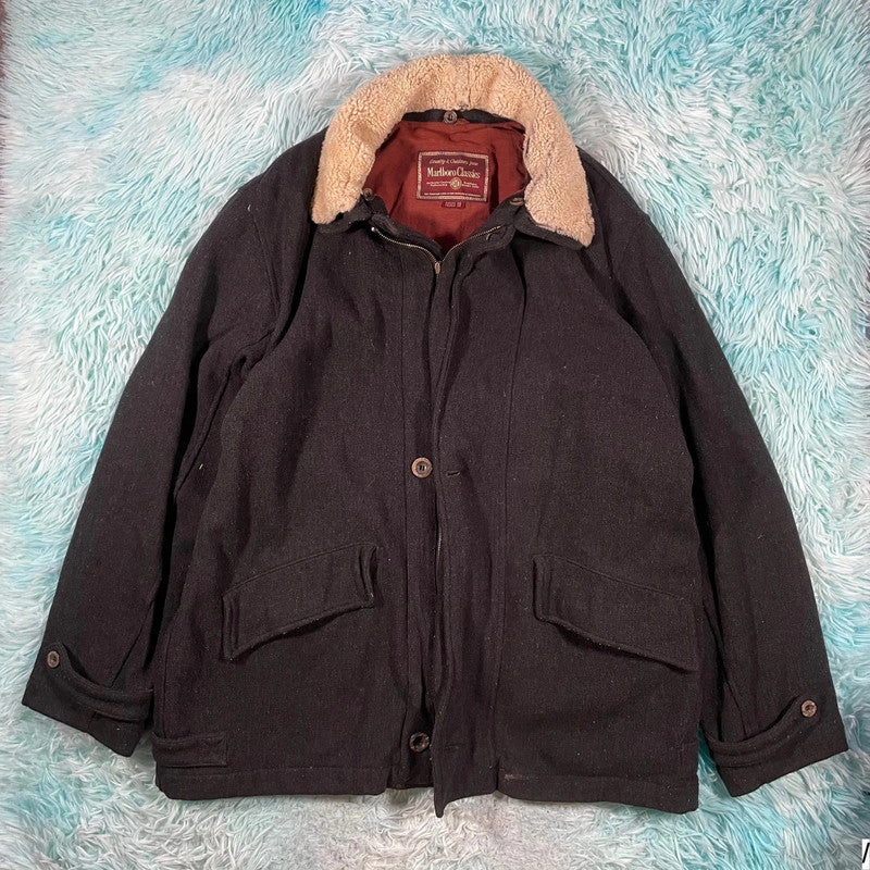 Vintage Black Marlboro Classic Wool Coat - XL