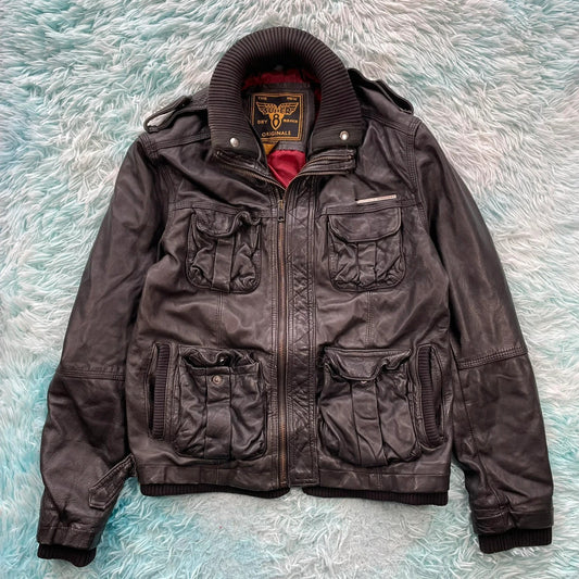 Vintage Black Leather Biker Jacket - Large