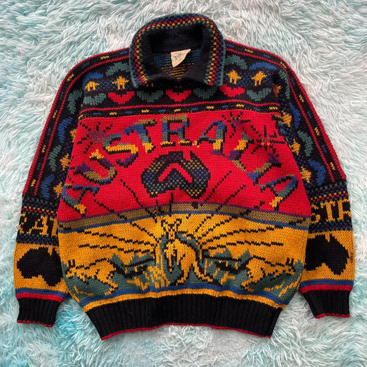 Vintage 90s Chunky Australian Knitted Jumper Crazy Pattern - XL