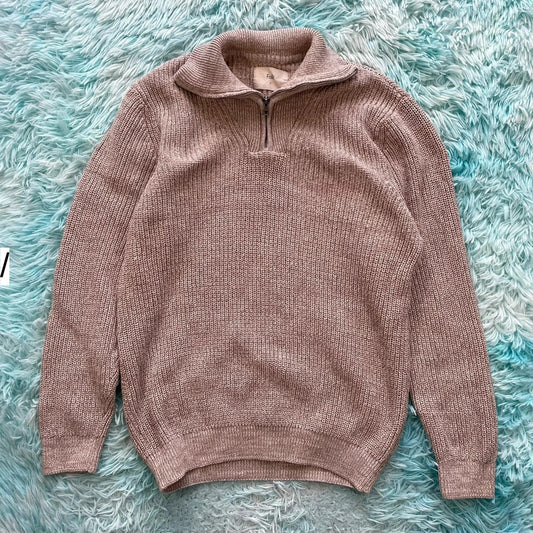 Beige Folk Knitted 1/4 Zip Jumper - XL