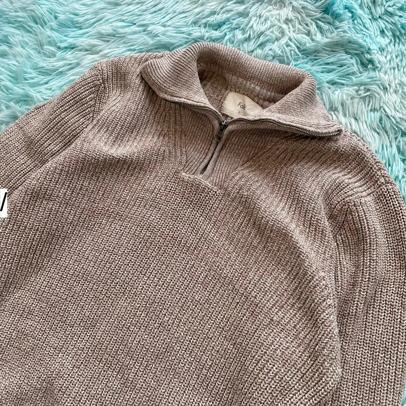 Beige Folk Knitted 1/4 Zip Jumper - XL