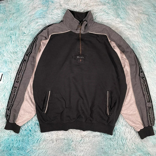 Vintage 90s Grey & Black Champion 1/4 Zip Sweatshirt - Large