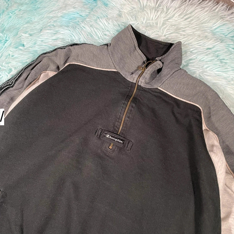 Vintage 90s Grey & Black Champion 1/4 Zip Sweatshirt - Large