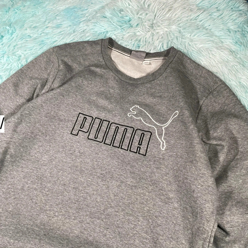 Grey Puma Sweatshirt Embroidered Spellout - Medium